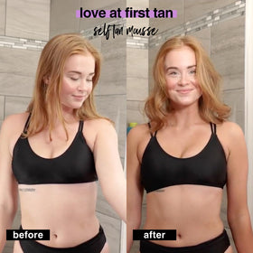 b.tan before and after leg comparison illustrating natural-looking bronze and no orange tones