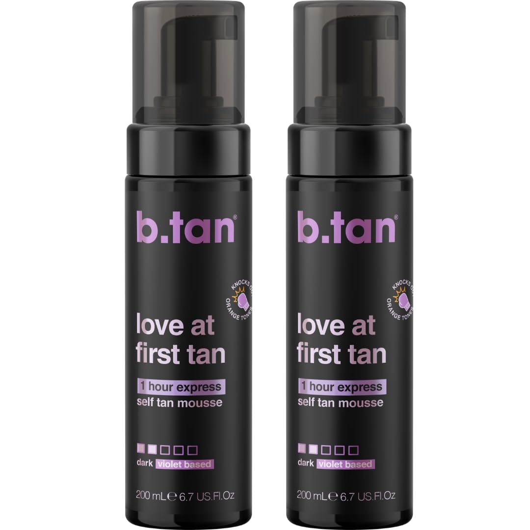 b.tan front packaging showing violet self tanner mousse for easy identification and quick use