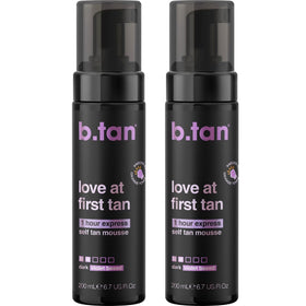b.tan front packaging showing violet self tanner mousse for easy identification and quick use