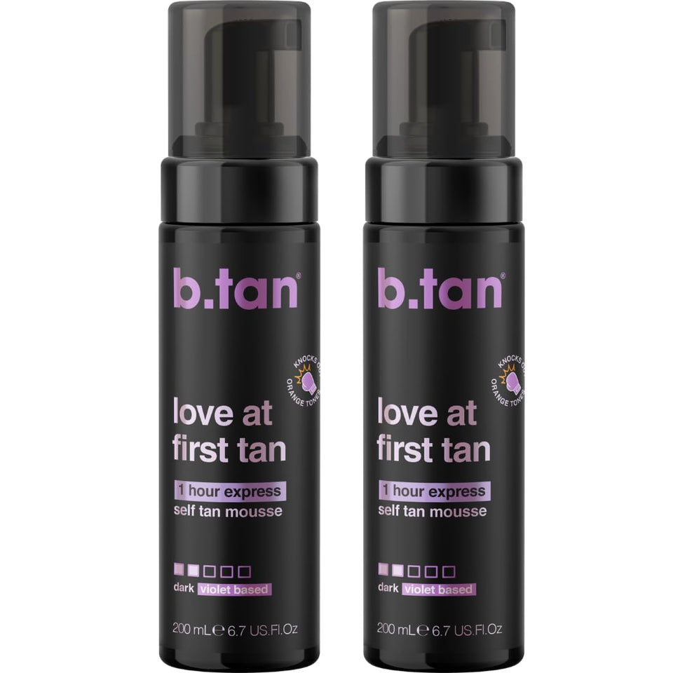 b.tan front packaging showing violet self tanner mousse for easy identification and quick use