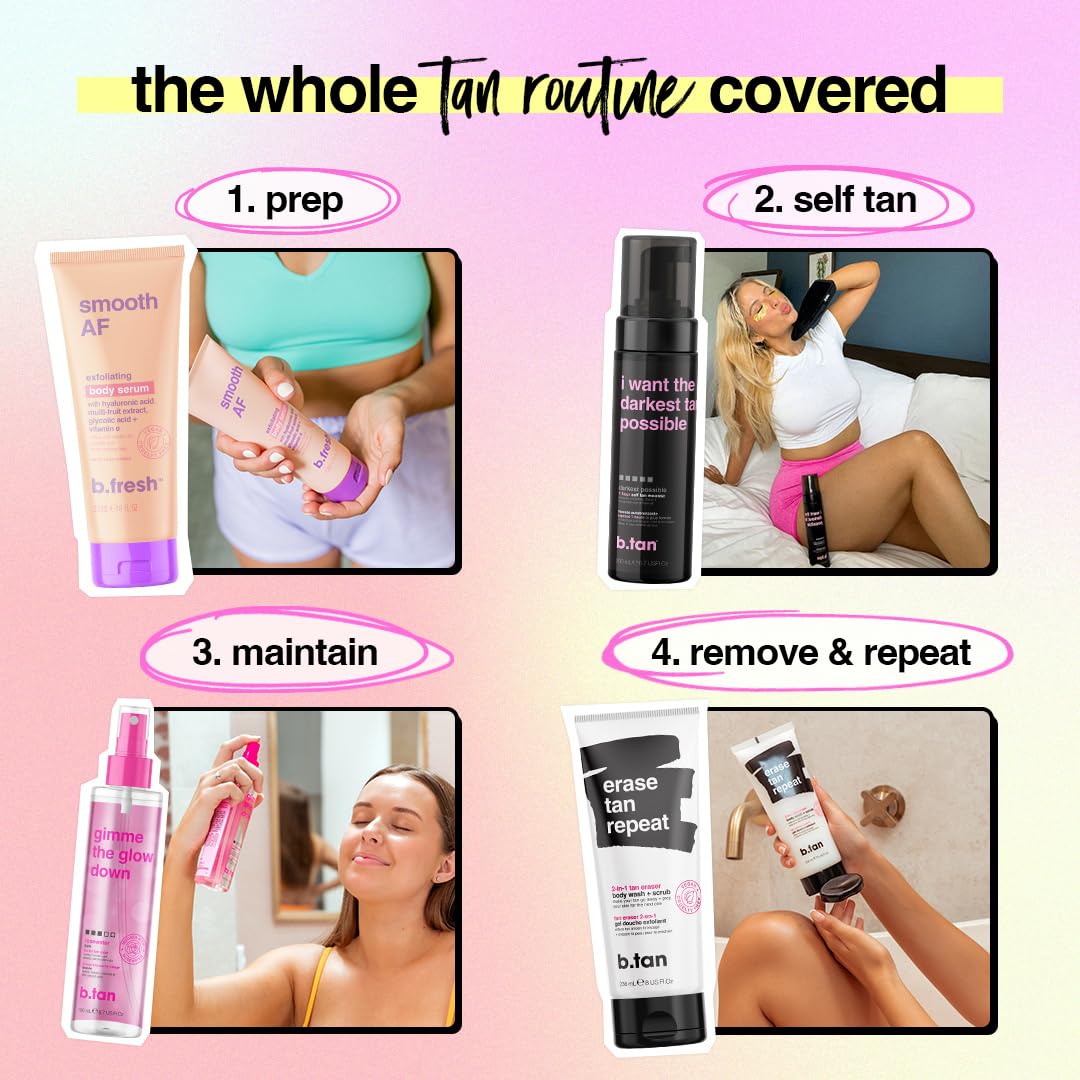 B.TAN size comparison in hand showing travel-friendly 6.7 fl oz benefit