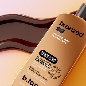 B.TAN next to a ruler for size comparison showing travel-friendly 8.45 fl oz benefit