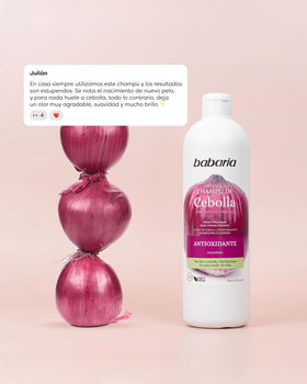 Close-up of onion extract ingredient with Babaria branding and antioxidant benefit