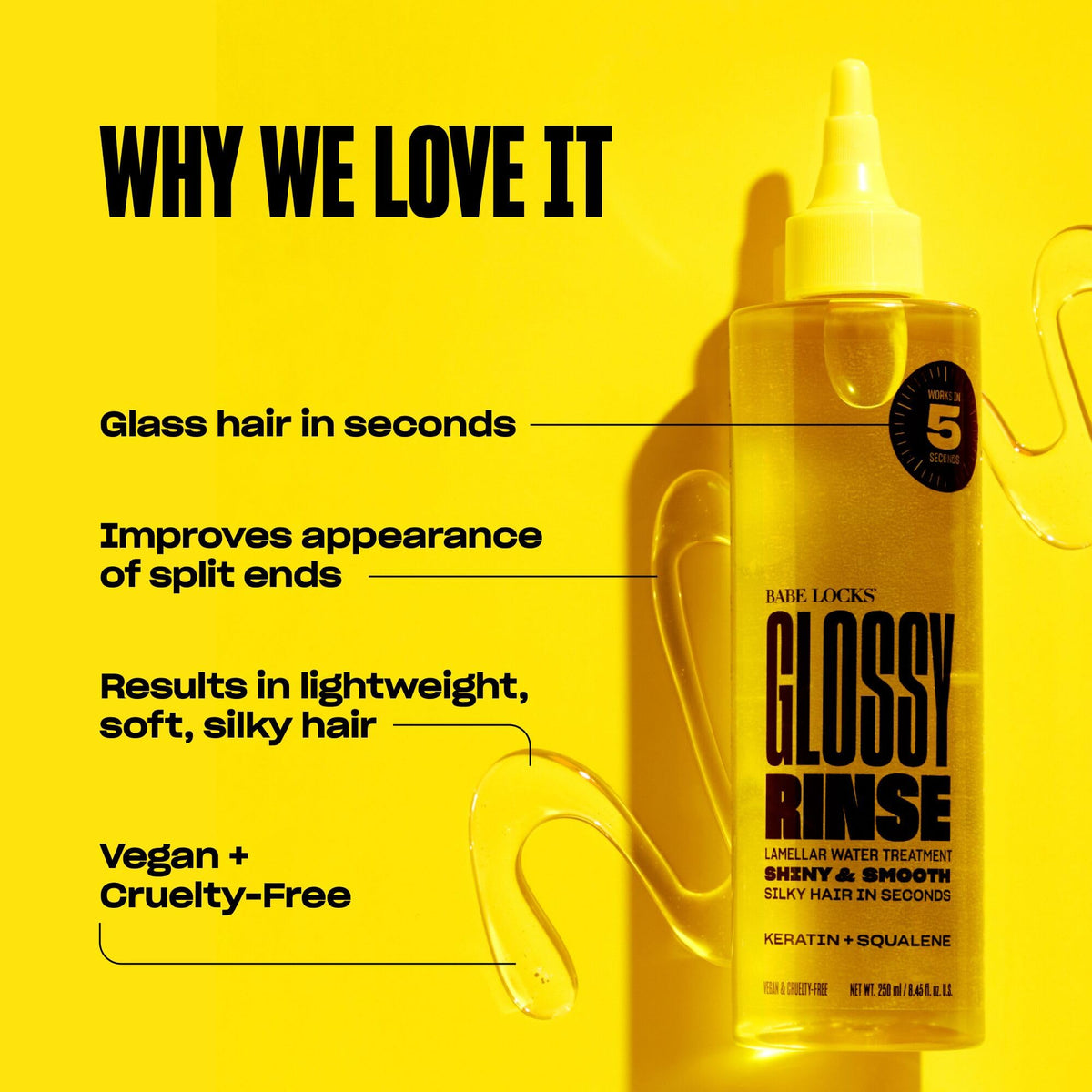 BABE ORIGINAL glossy rinse texture pouring from bottle demonstrating lightweight hydration