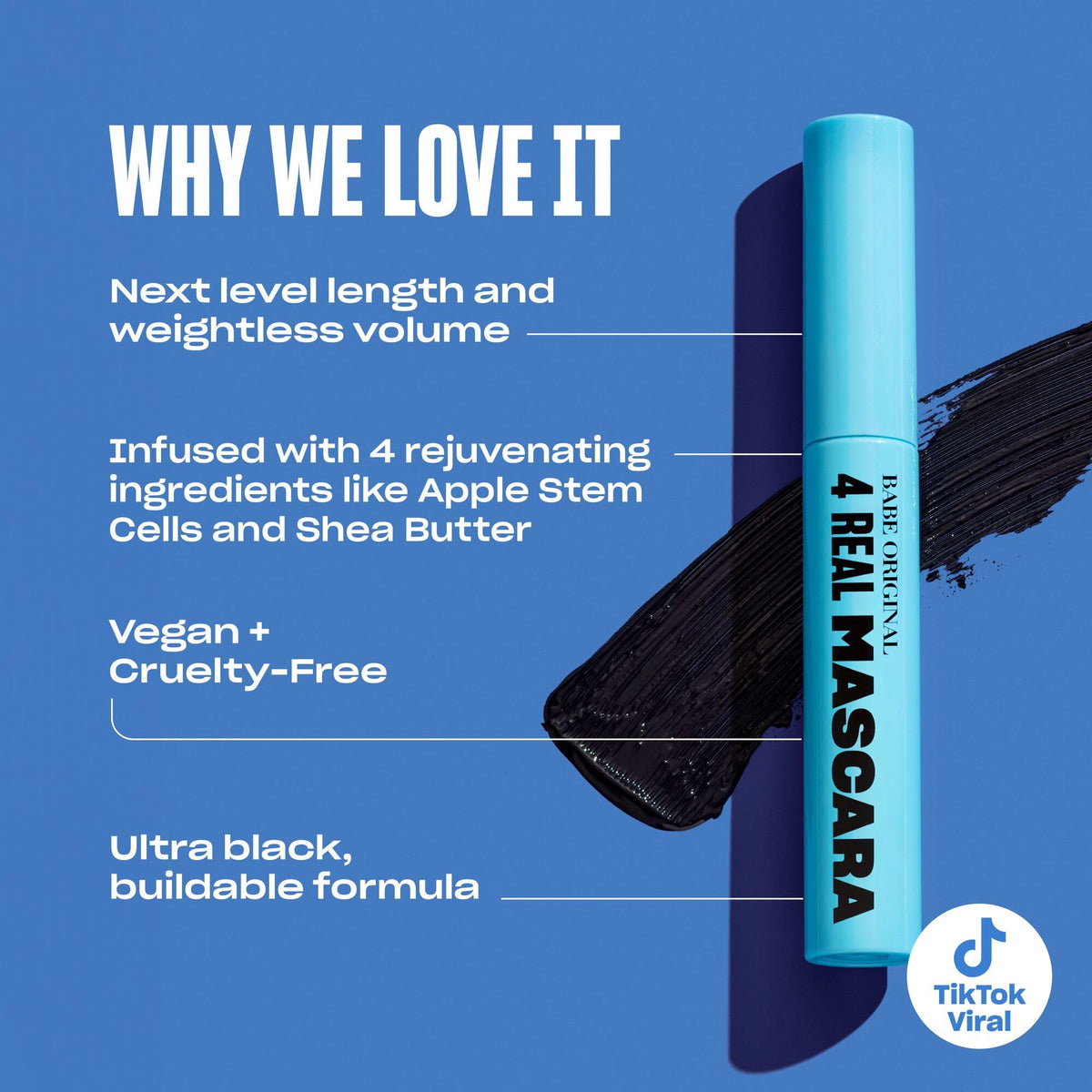 BABE ORIGINAL mascara texture swiped on arm showing smooth formula benefit-clump free buildability