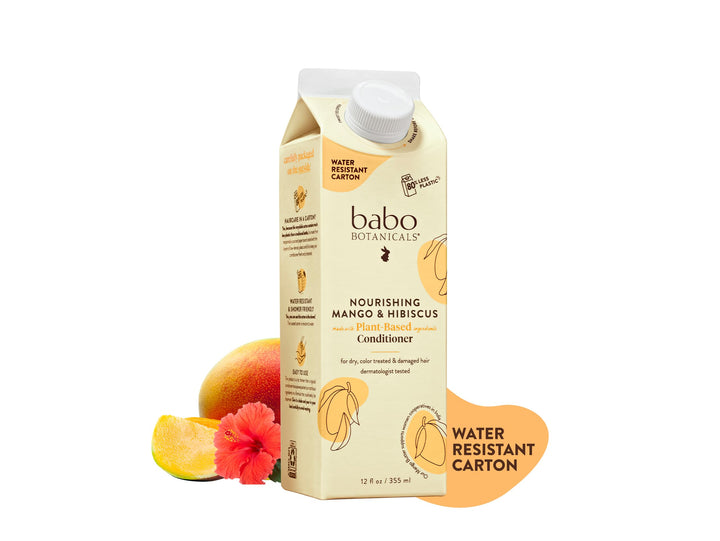 babo botanicals front packaging showing mango and hibiscus, highlights eco-friendly carton