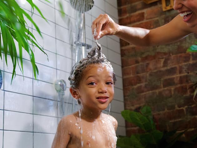 Babo Botanicals on bathroom shelf styled for family-friendly routine