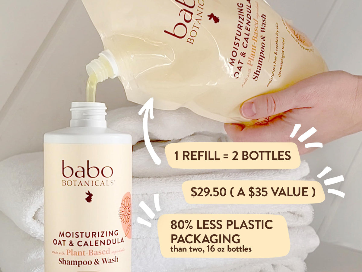 Babo Botanicals pouring refill into bottle for easy reuse and less waste