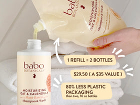 Babo Botanicals pouring refill into bottle for easy reuse and less waste