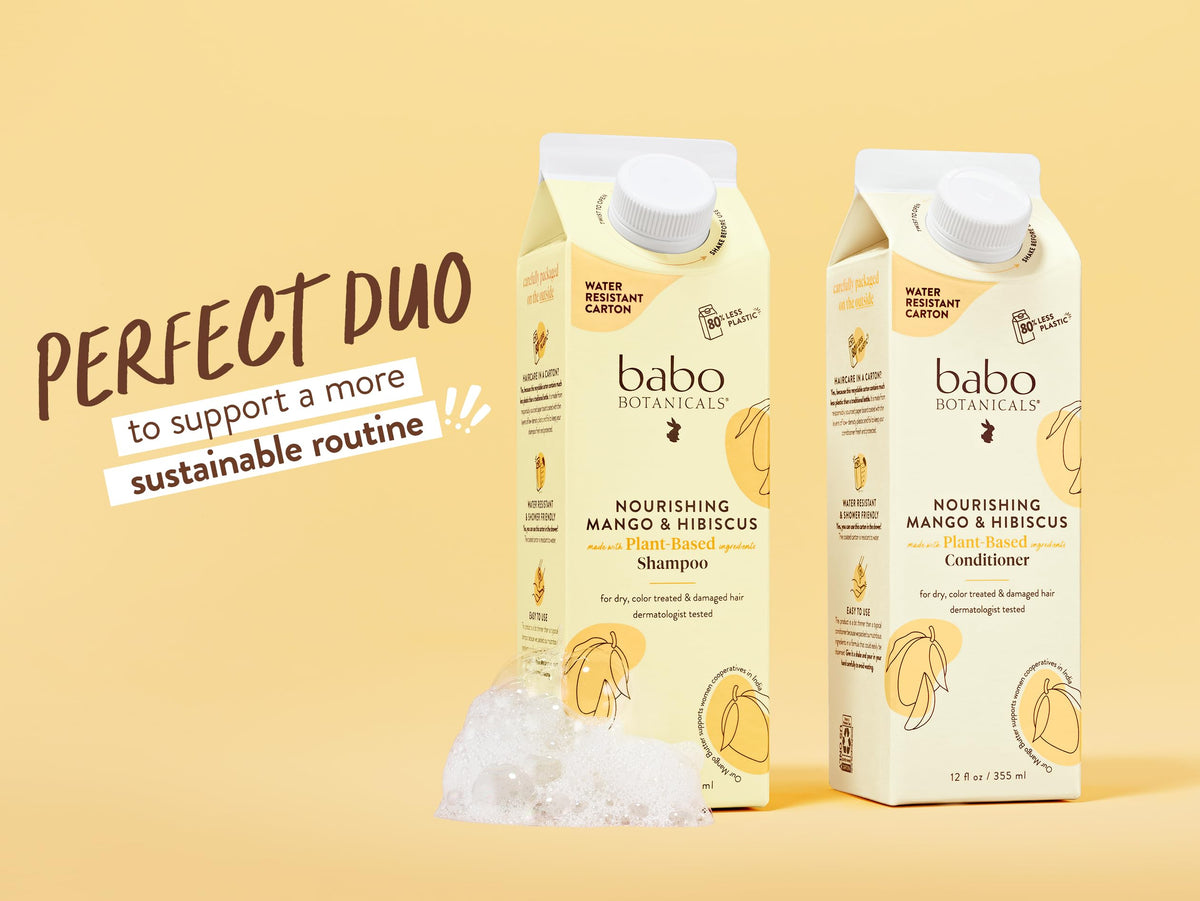 Babo Botanicals on shower shelf in lifestyle scene showing eco-friendly packaging
