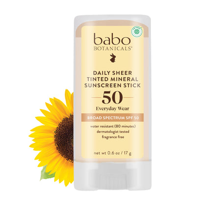 Babo Botanicals front packaging showing SPF50 and tinted stick benefit