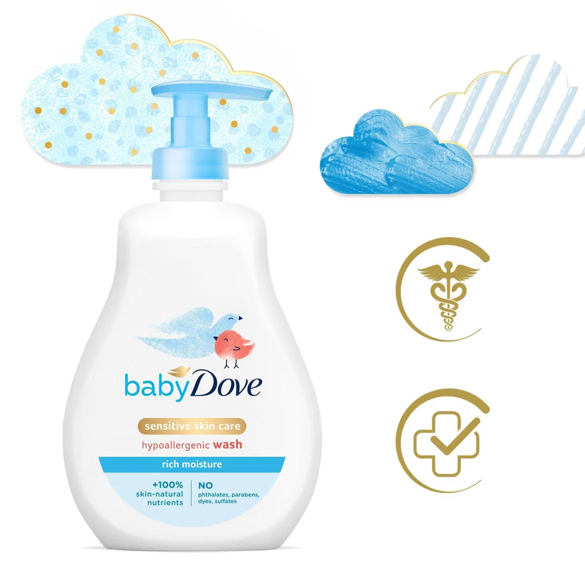 Baby Dove bottle held in hand showing 13 oz size and convenience