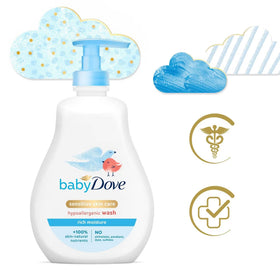 Baby Dove bottle held in hand showing 13 oz size and convenience