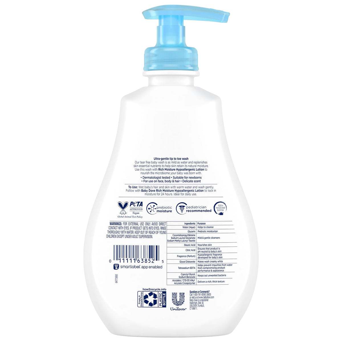 Baby Dove pump closeup highlighting easy dispensing and safety