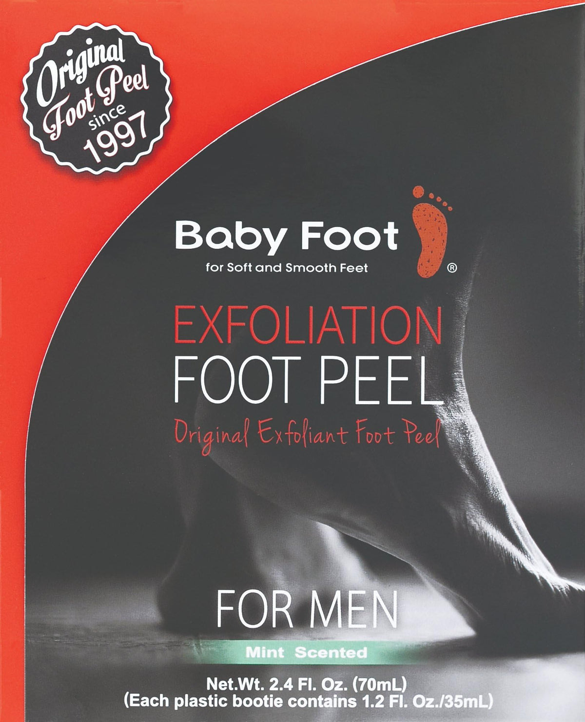 Baby Foot open box showing pair of gel-filled booties for application
