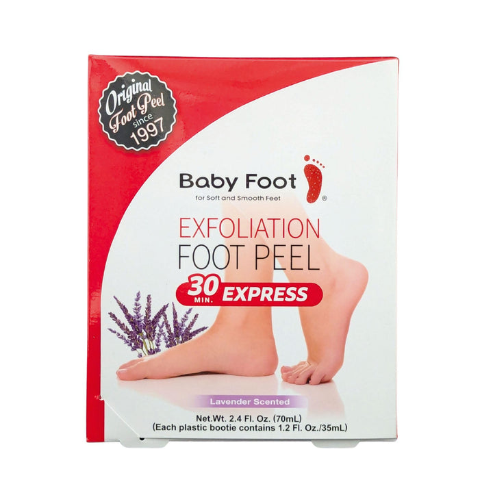 Baby Foot front packaging showing lavender-scented 30 minute express peel for fast exfoliation
