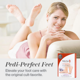 Baby Foot bootie next to a hand for scale indicating single-use convenience benefit