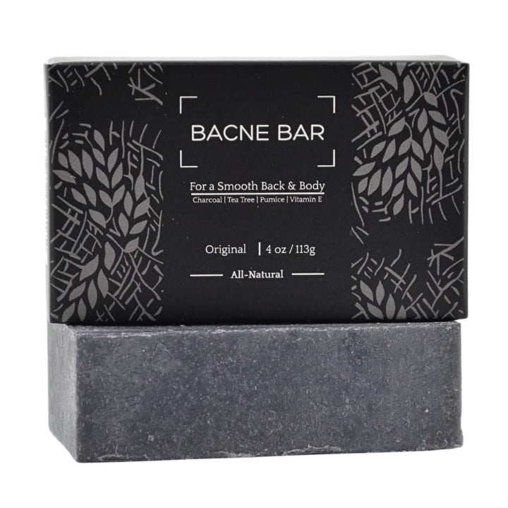 Bacne Bar front packaging showing bold charcoal treatment benefit