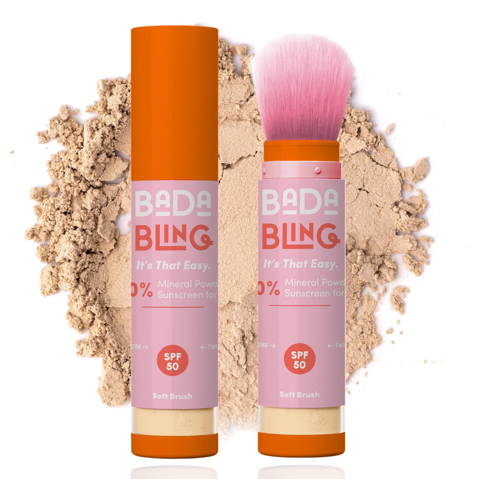 Bada Boom front compact view showing brush-on sunscreen and benefit of portable protection