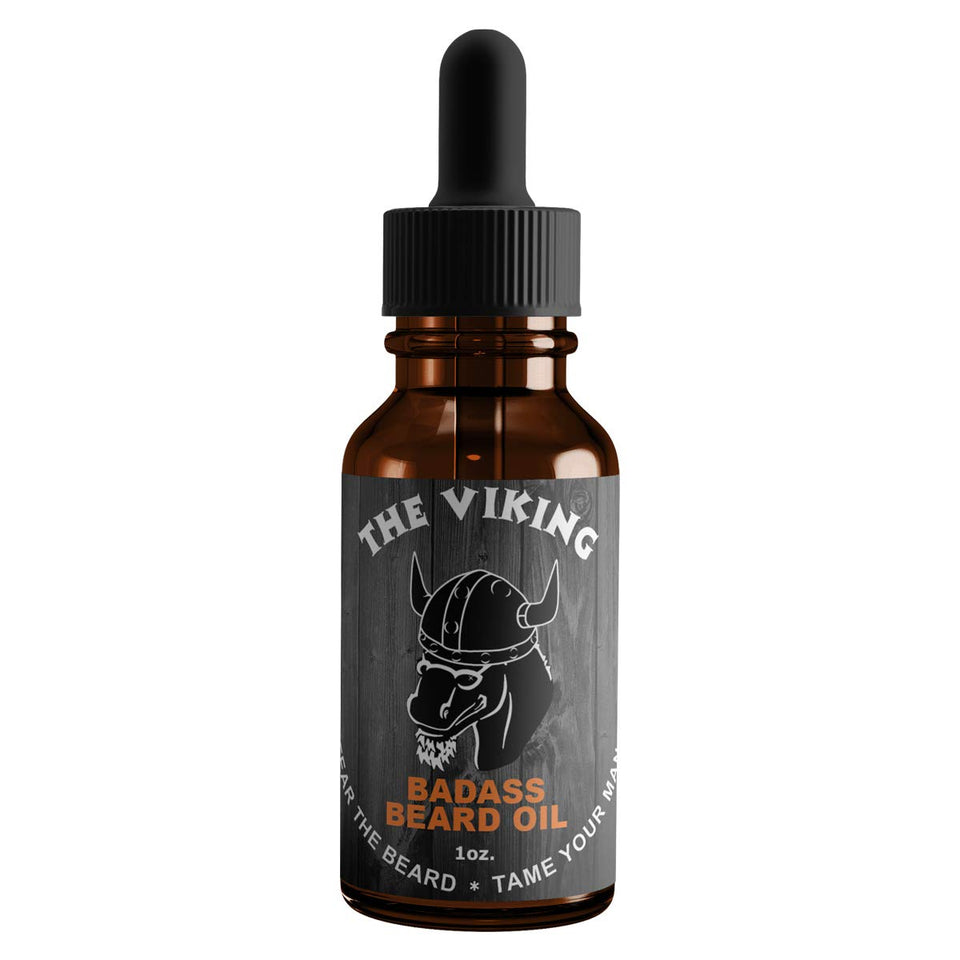 Badass Beard Care front bottle view showing branding and scent for confident grooming