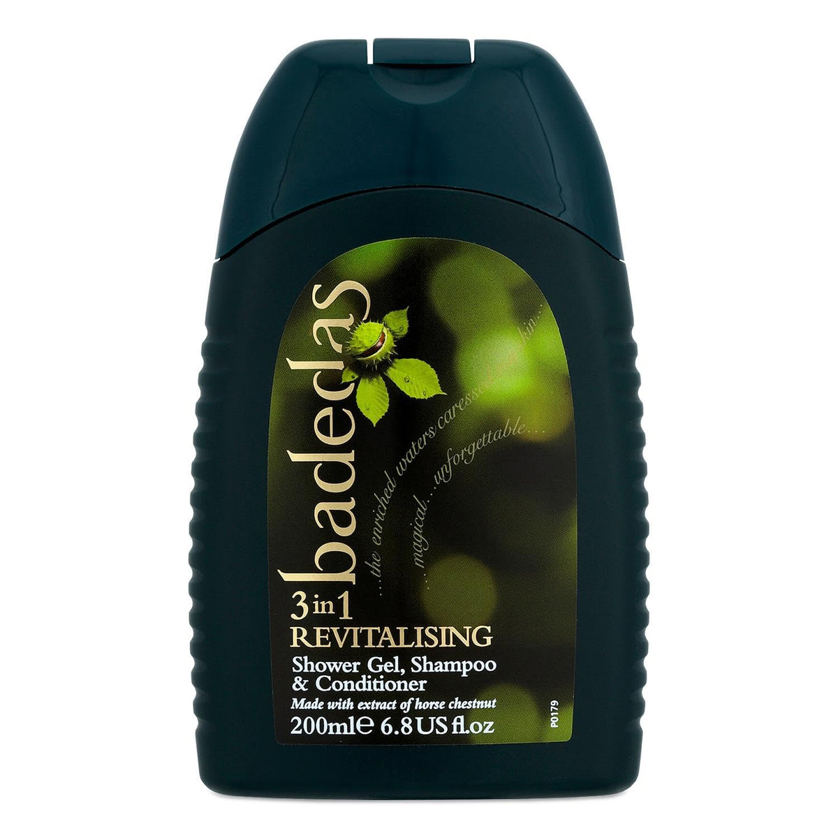 Badedas close-up of label highlighting product use and revitalising scent benefit