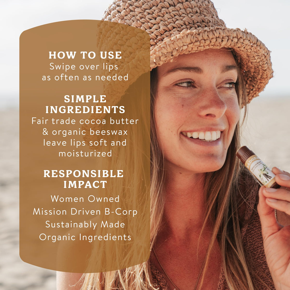 Badger applying balm to lips demonstrating smooth coverage and hydration