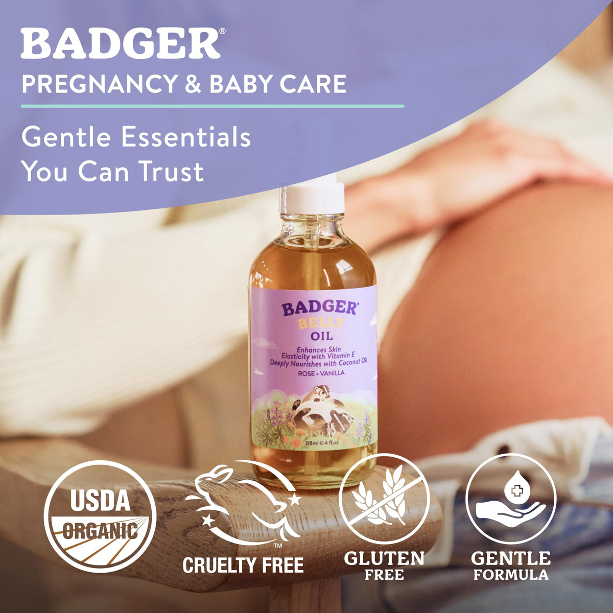Badger application on pregnant belly demonstrating gentle massage to relieve tightness