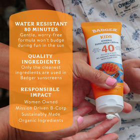 Badger sunscreen in a family beach scene showing reef-safe travel benefit