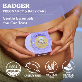 Badger being applied to a pregnant belly to soothe itch and dryness