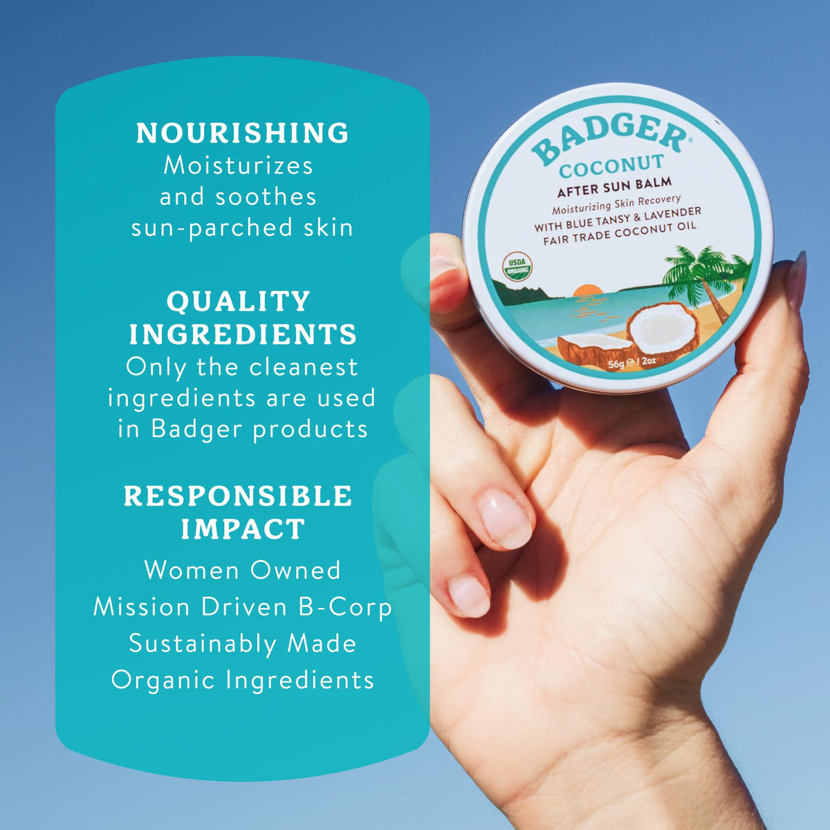 Applying Badger coconut AfterSun balm to a shoulder to demonstrate soothing post-sun application