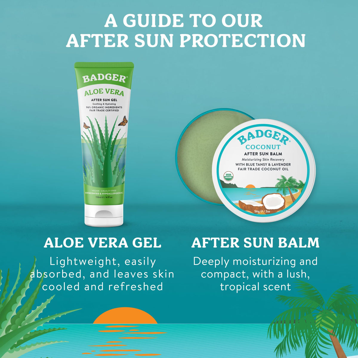 Badger coconut AfterSun tin tucked into a beach bag showing travel-ready, eco-friendly care