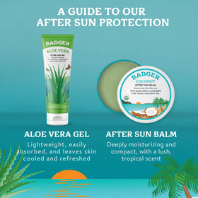 Badger coconut AfterSun tin tucked into a beach bag showing travel-ready, eco-friendly care