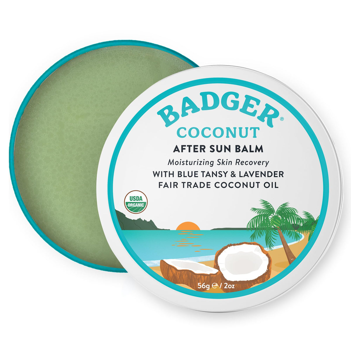 Badger coconut AfterSun balm front tin showing compact travel-friendly packaging and soothing relief