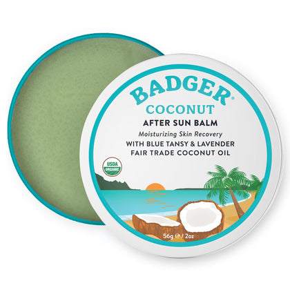 Badger coconut AfterSun balm front tin showing compact travel-friendly packaging and soothing relief