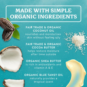 Flatlay of Badger coconut AfterSun ingredients illustrating organic oils and plant-based butters
