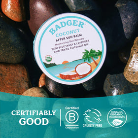 Badger coconut AfterSun metal tin with recycling cue showing sustainable, plastic-free packaging