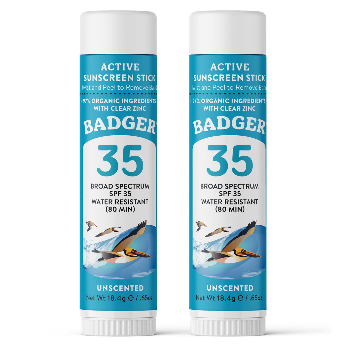 Badger face stick front packaging showing SPF 35 and travel size benefit