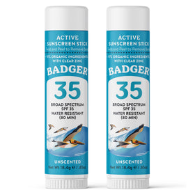 Badger face stick front packaging showing SPF 35 and travel size benefit