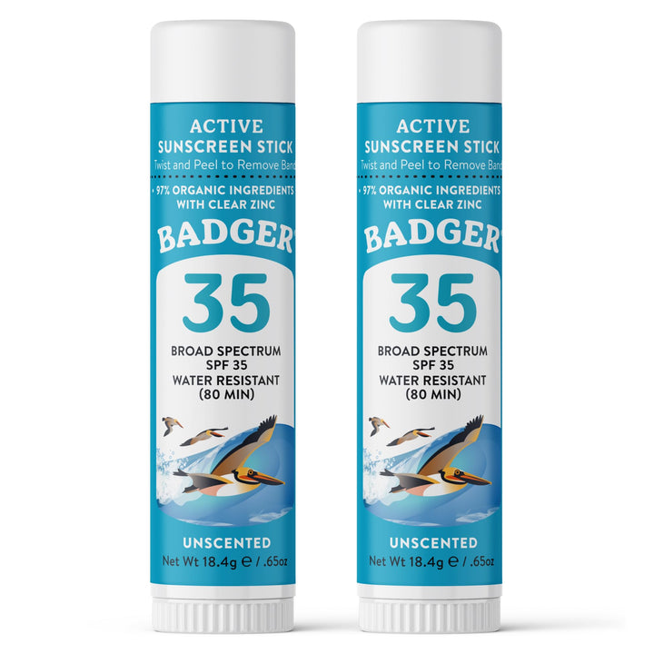 Badger face stick front packaging showing SPF 35 and travel size benefit