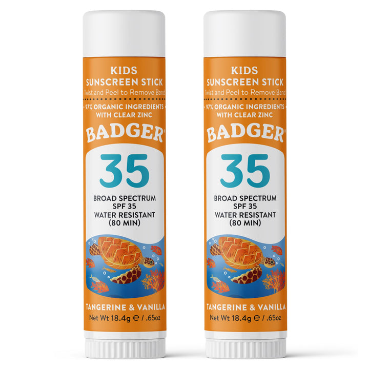 Badger face stick front packaging showing SPF 35 and travel size benefit