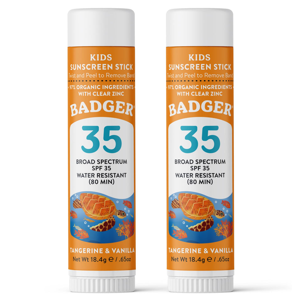Badger face stick front packaging showing SPF 35 and travel size benefit