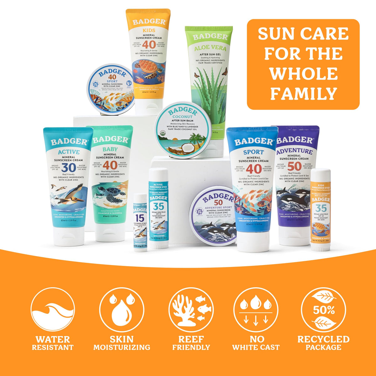 Badger family at beach using sunscreen for reef-safe outdoor fun