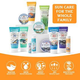 Badger family at beach using sunscreen for reef-safe outdoor fun