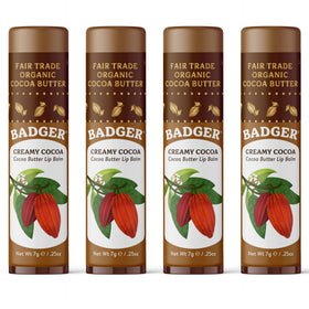 Badger front packaging four-pack showing large organic lip balm benefits