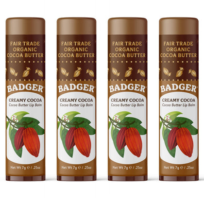 Badger front packaging four-pack showing large organic lip balm benefits