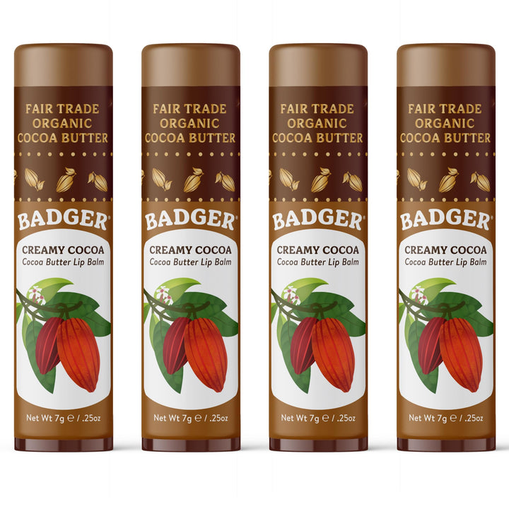 Badger front packaging four-pack showing large organic lip balm benefits