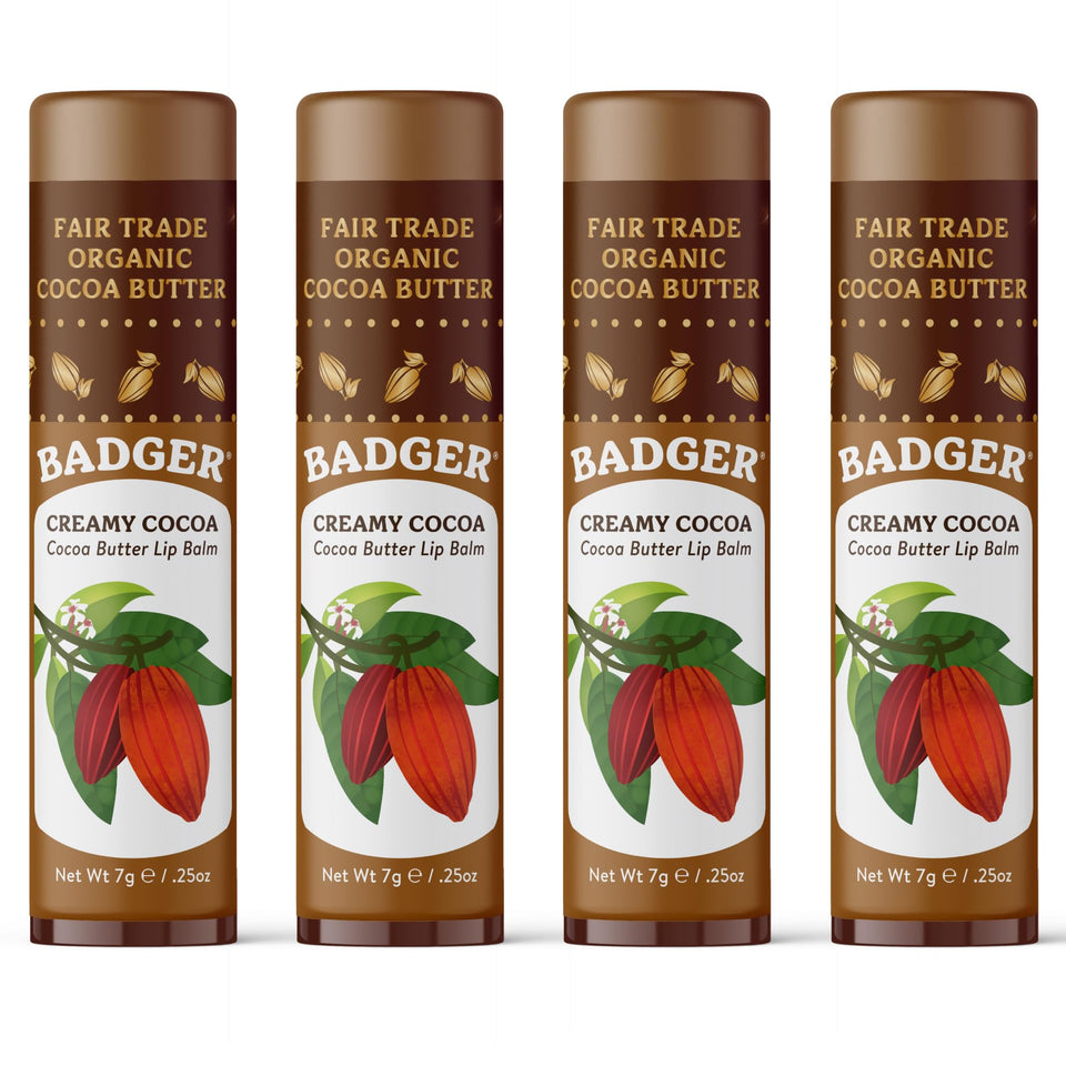Badger front packaging four-pack showing large organic lip balm benefits