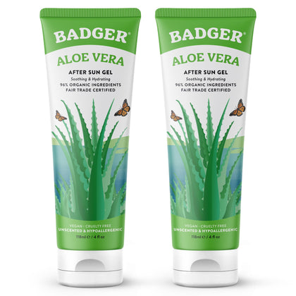 Badger front packaging 4 fl oz tube showing brand and unscented aloe benefits