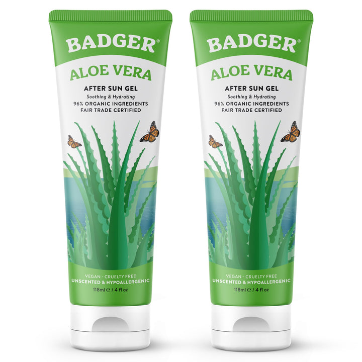 Badger front packaging 4 fl oz tube showing brand and unscented aloe benefits