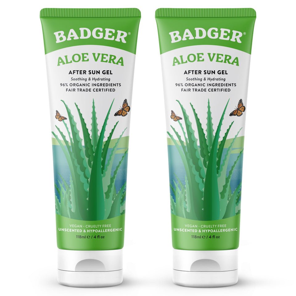 Badger front packaging 4 fl oz tube showing brand and unscented aloe benefits